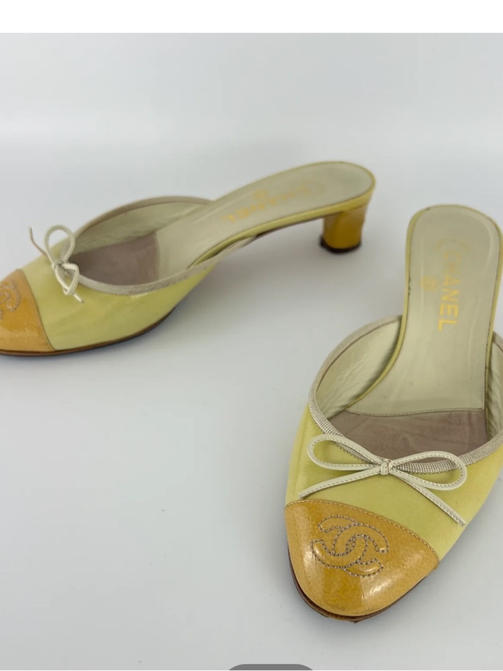 CHANEL Yellow and Orange CC Logo Patent Leather Mules